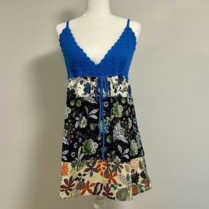 Sweater Project Boho Crochet Tank Top | Blue Floral | Cotton | Size L
